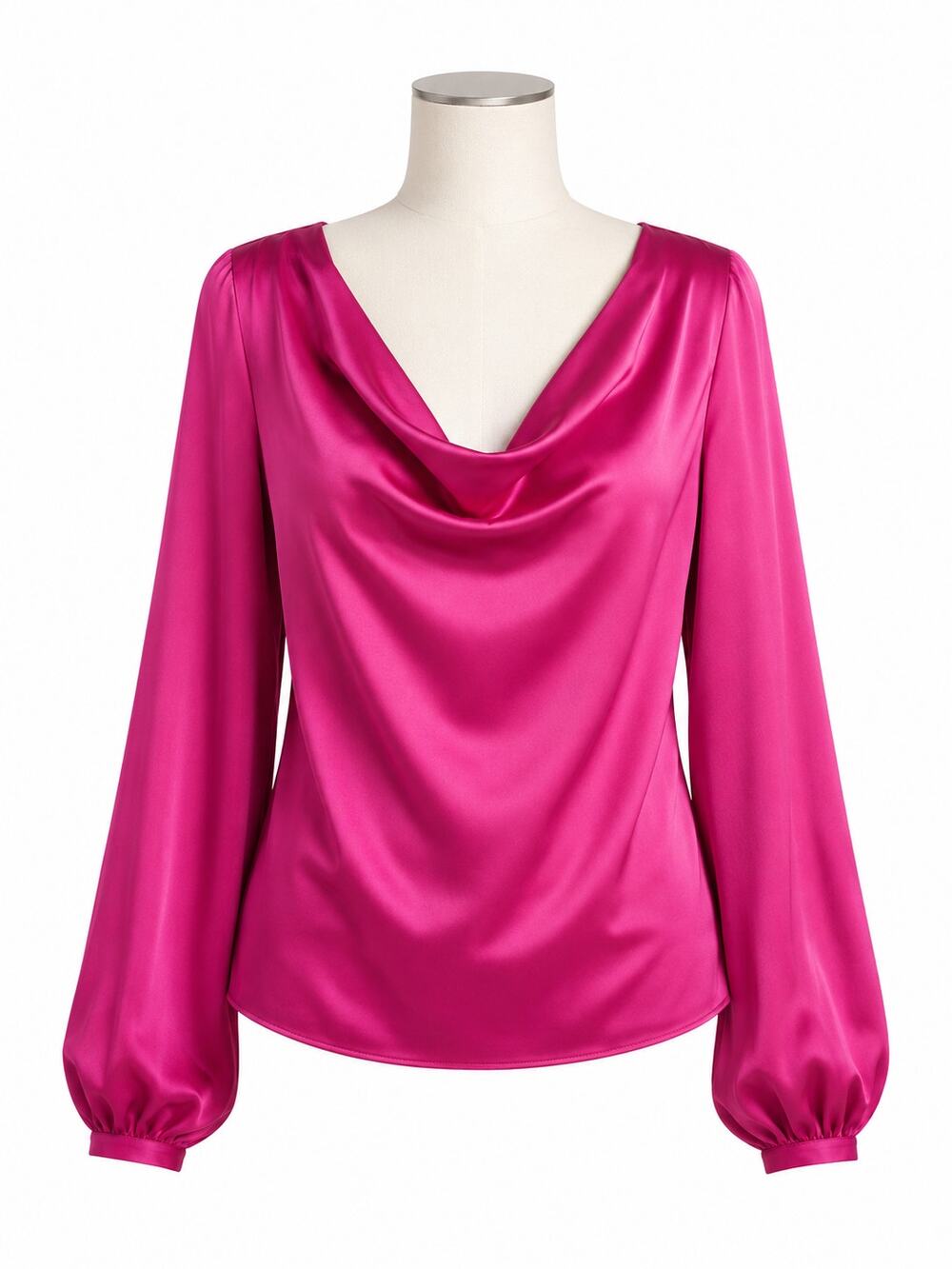 Ramy Brook Lylah Hot Pink Satin Cowl Neck Blouse - Balloon Sleeve - Size L